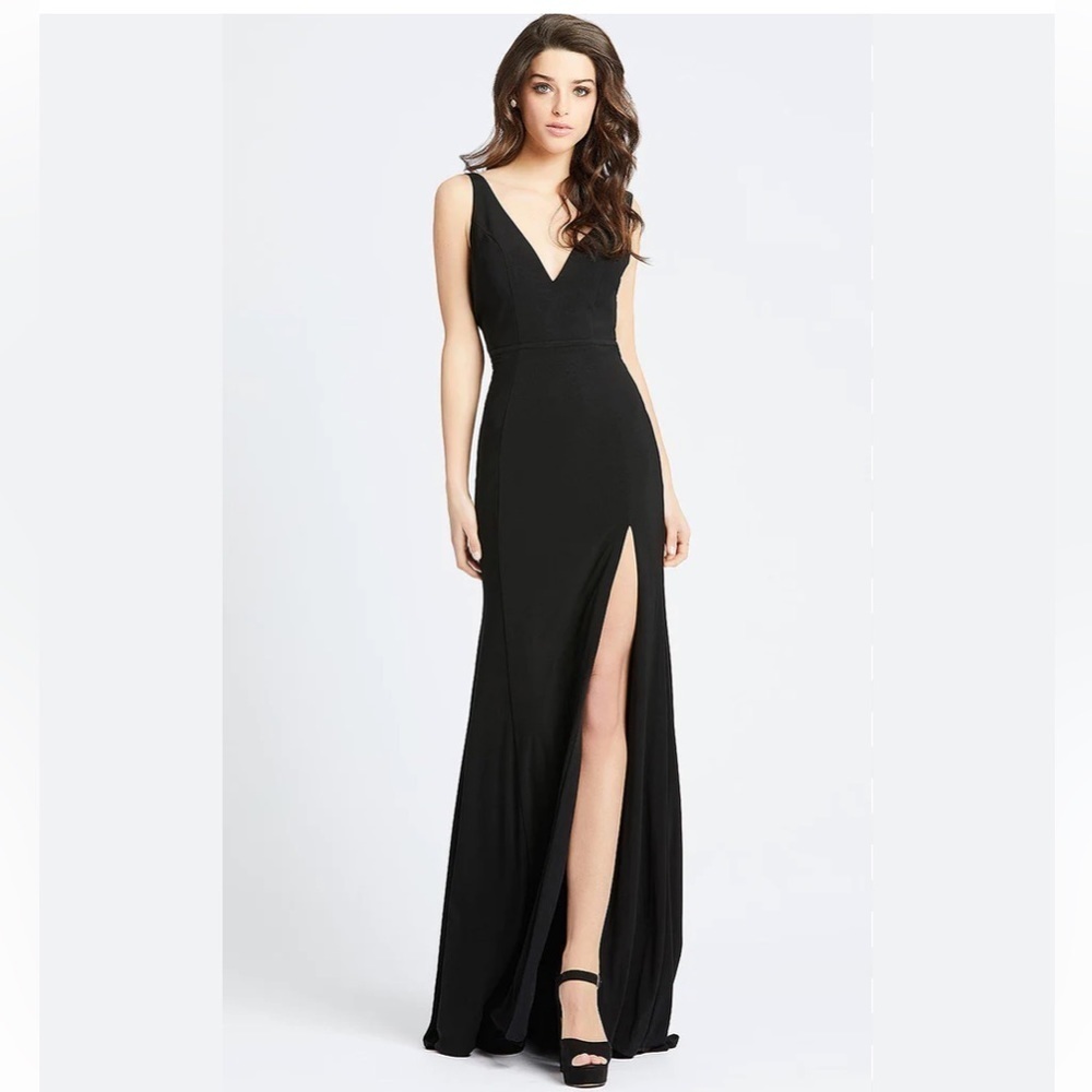 LEENA for Mcduggal V neck high slit black long gown size 10
